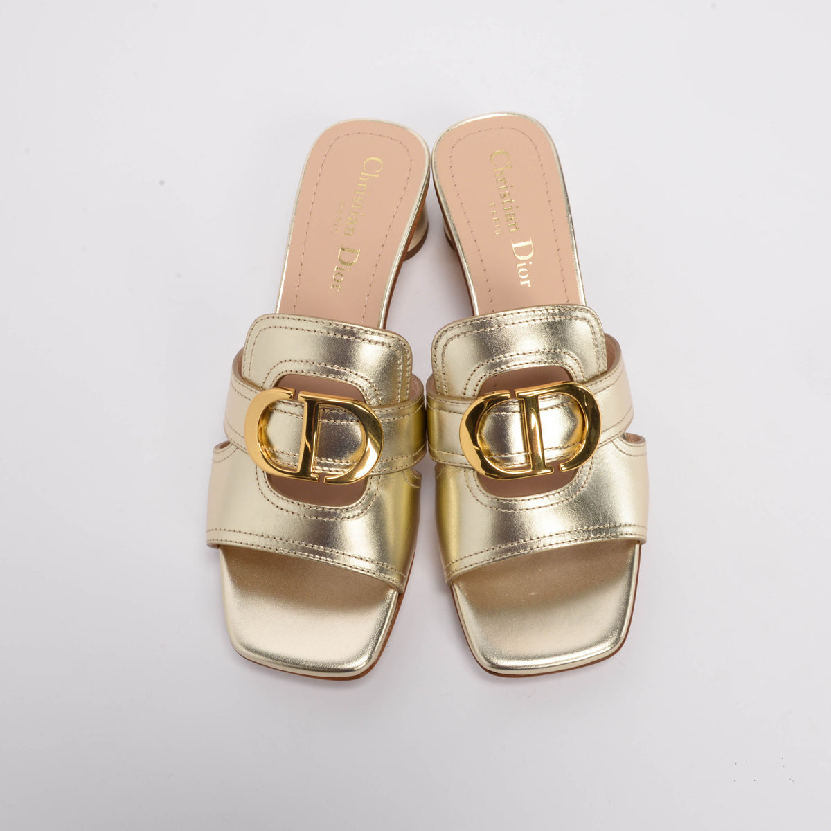 Dior Gold Laminated Calf 30 Montaigne Heeled Slides 37