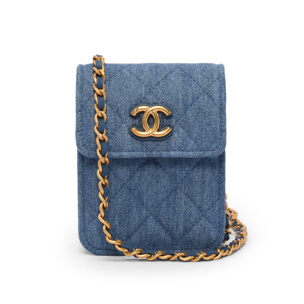 Chanel Blue Quilted Denim Flap Clutch With Chain