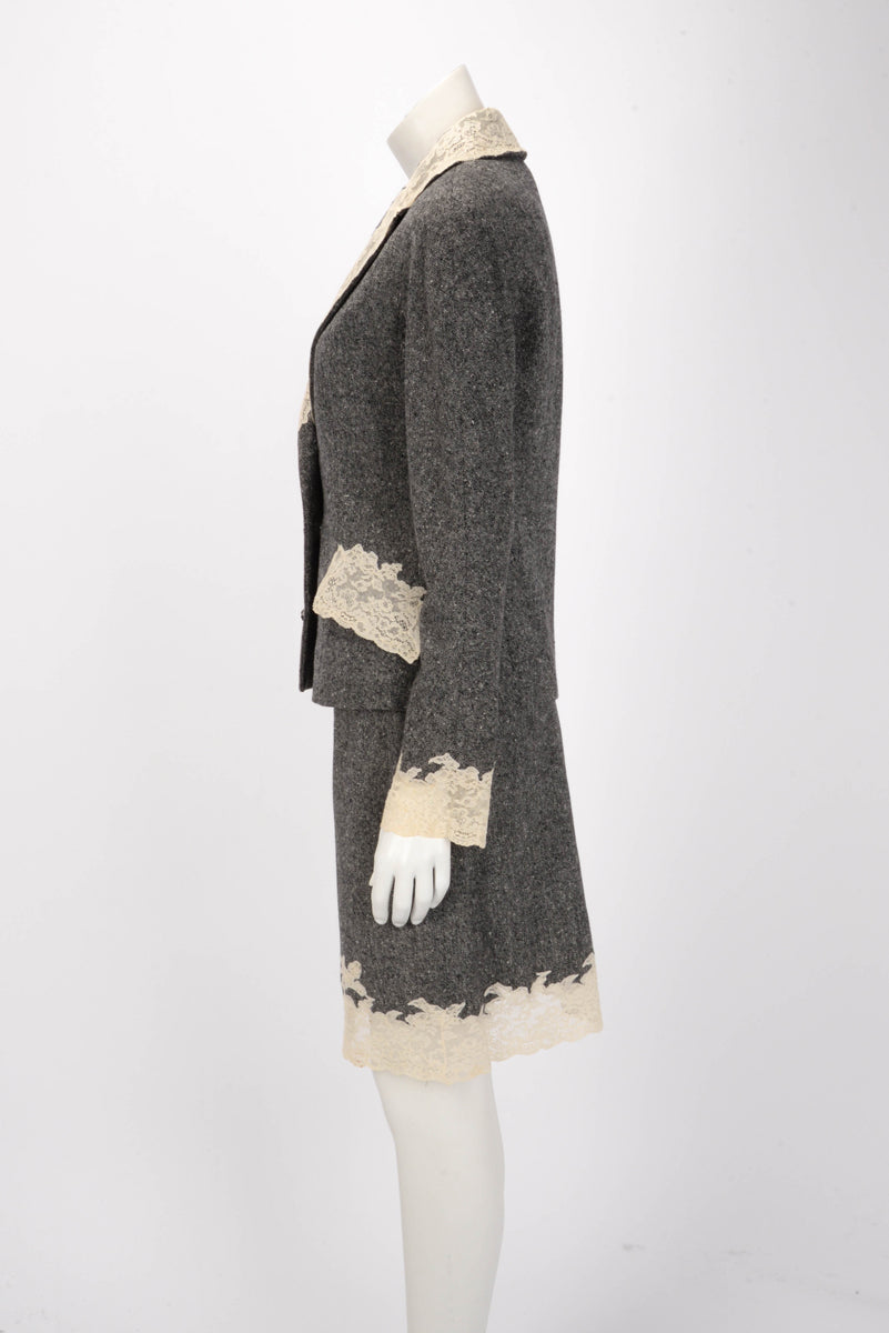 Dior Grey Wool Tweed Lace Trim Jacket & Skirt FR 40
