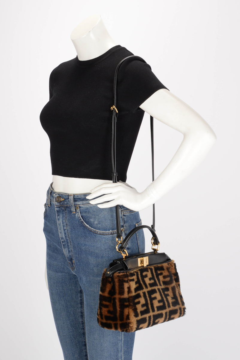 Fendi Tobacco & Black FF Shearling & Nappa Mini Peekaboo Bag