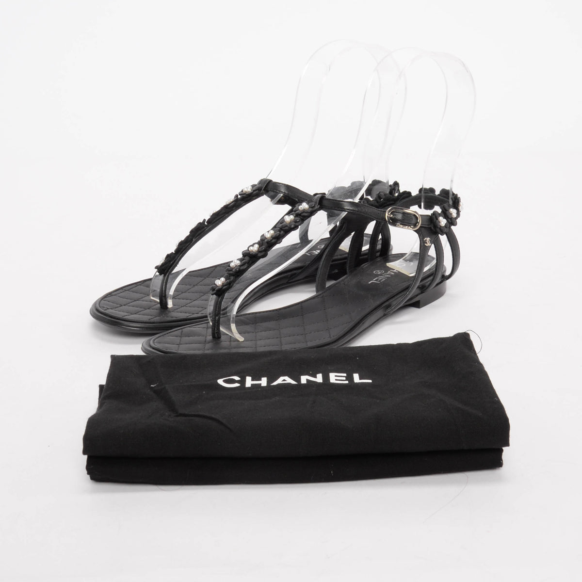 Chanel Black Lambskin & Pearl Camellia Thong Sandals 37