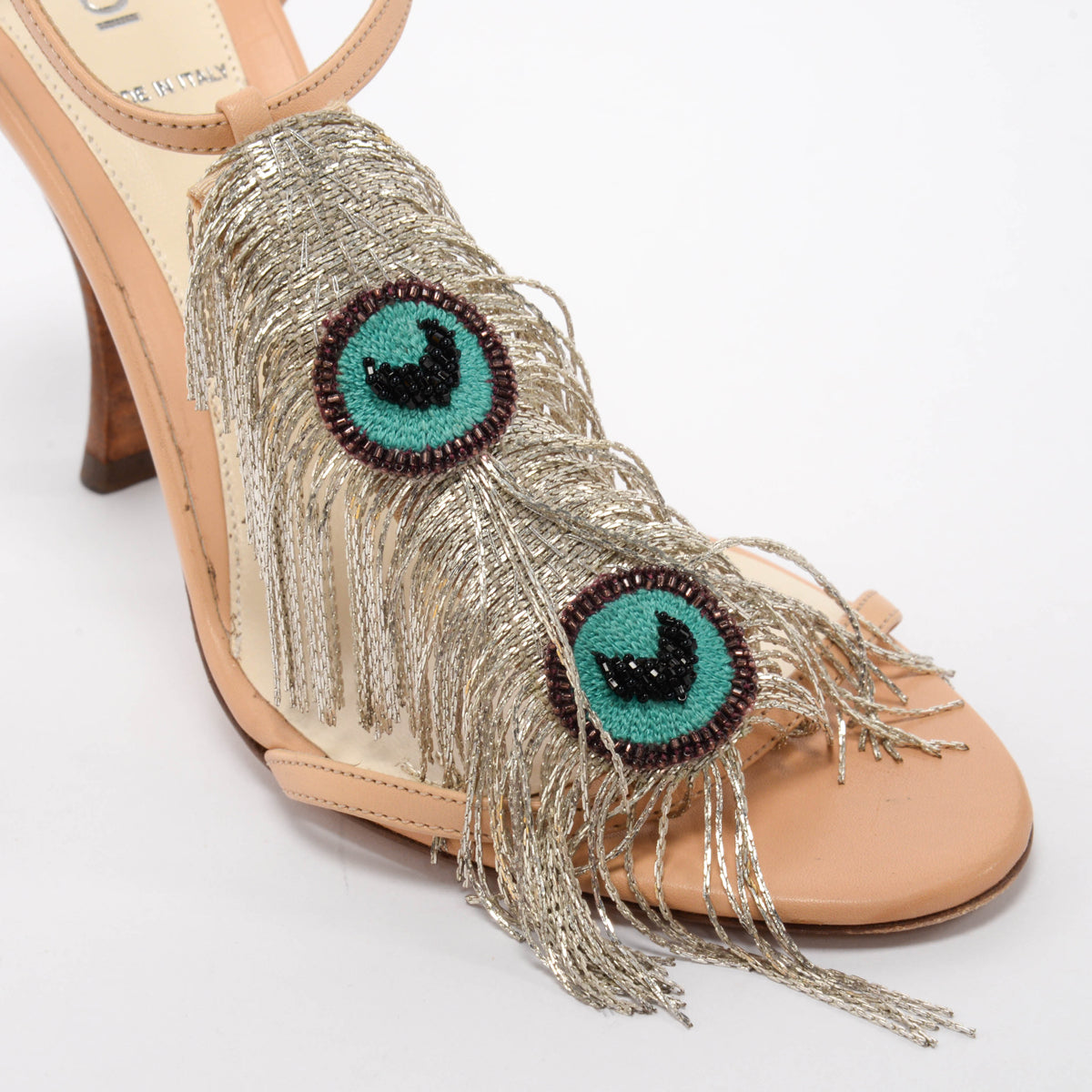Fendi Blush Leather Embellished Peacock Fringe Sandals 38