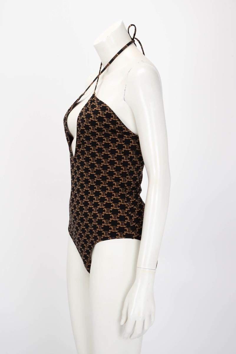 Celine Brown Monogram Jersey V-Neck One Piece Swimsuit FR 40