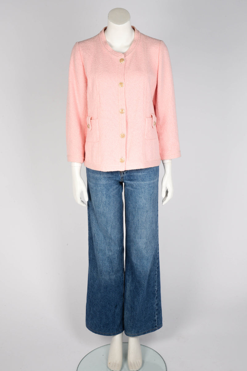Chanel Pink Boucle Tweed Pearl CC Jacket FR 46