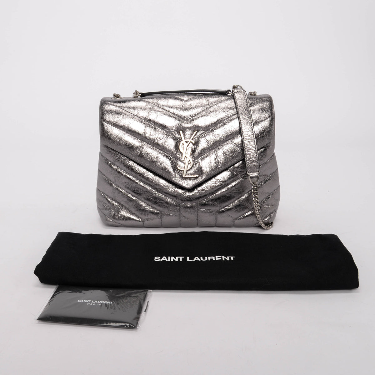 Saint Laurent Silver Metallic Chevron Small Lou Lou Bag