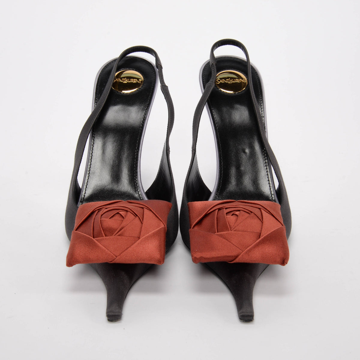 Saint Laurent Charcoal Satin Crepe Amalia Embellished Slingback Pumps 41