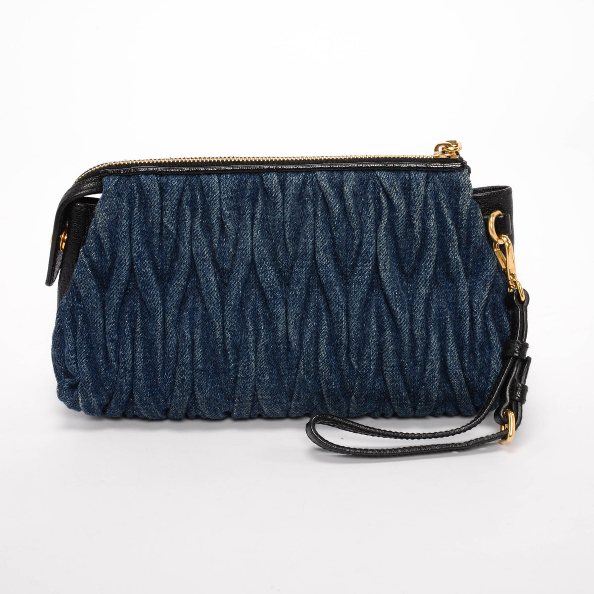 Miu Miu Washed Blue Matelasse Denim Wristlet Pouch