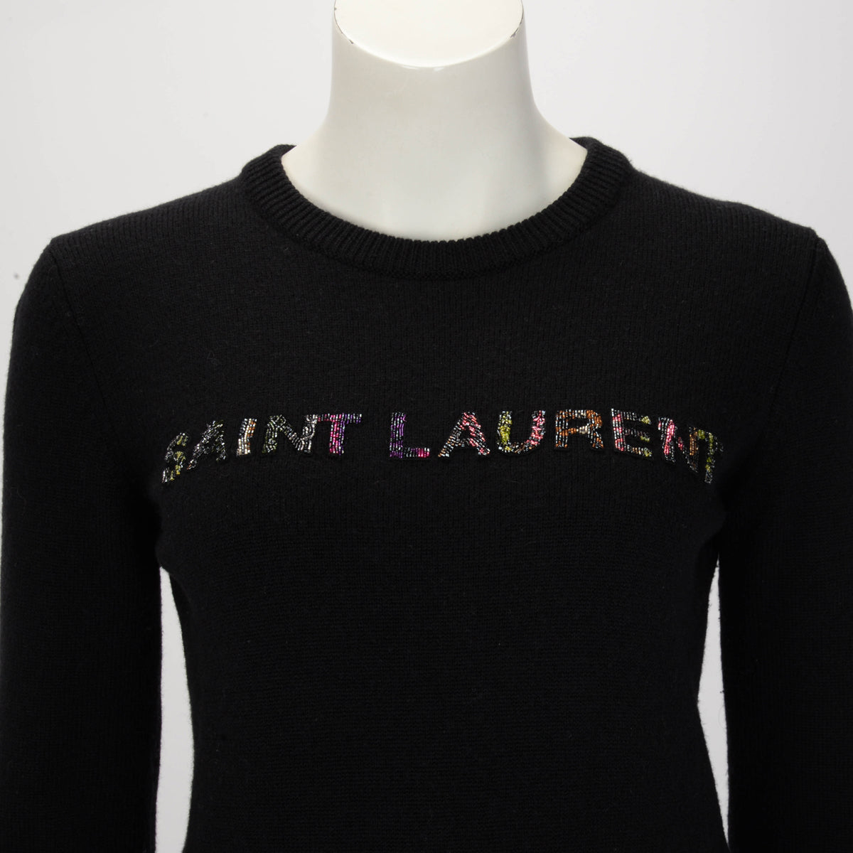 Saint Laurent Black Wool Beaded Logo Sweater XS