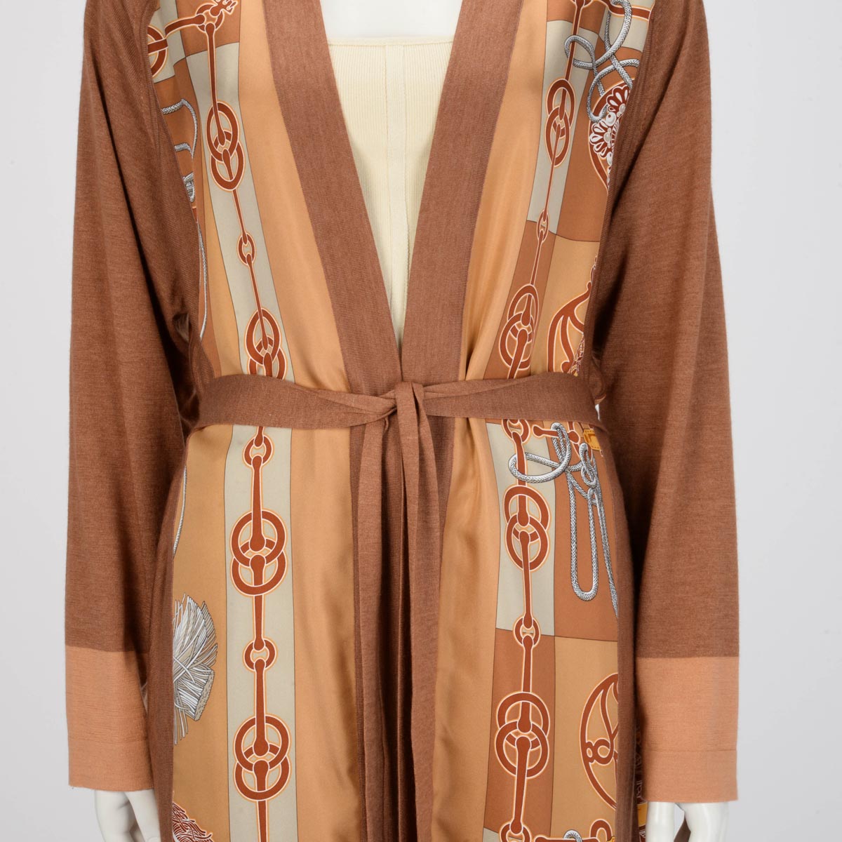 Hermes Brown Silk & Cashmere Cliquetis Belted Cardigan FR 42