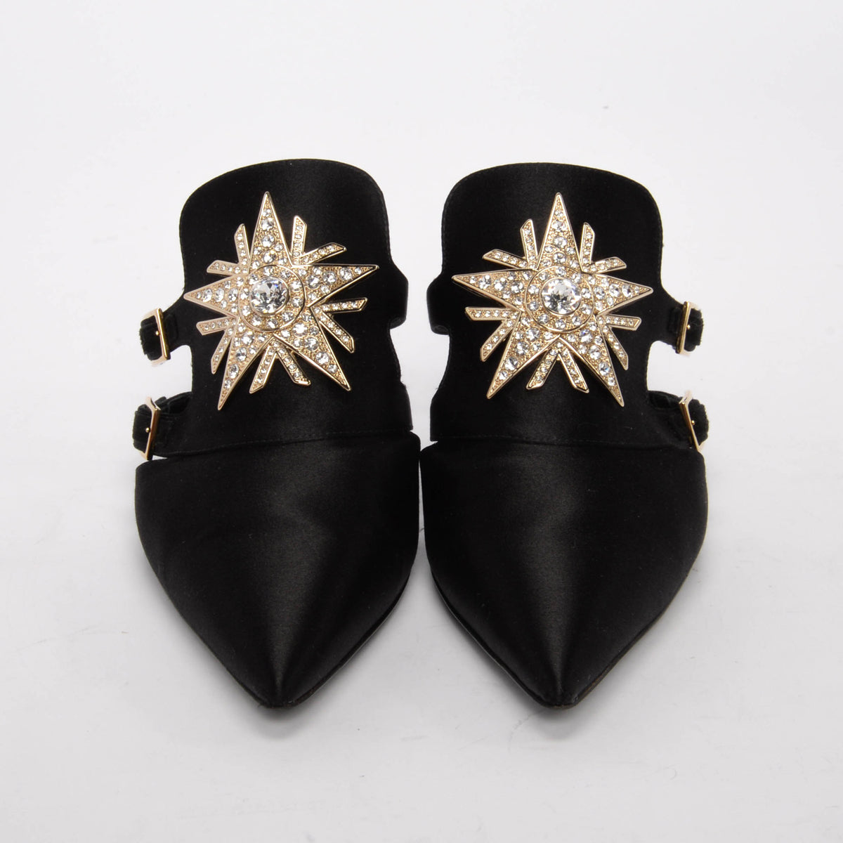 Roger Vivier Black Satin Crystal Star Mules 37.5