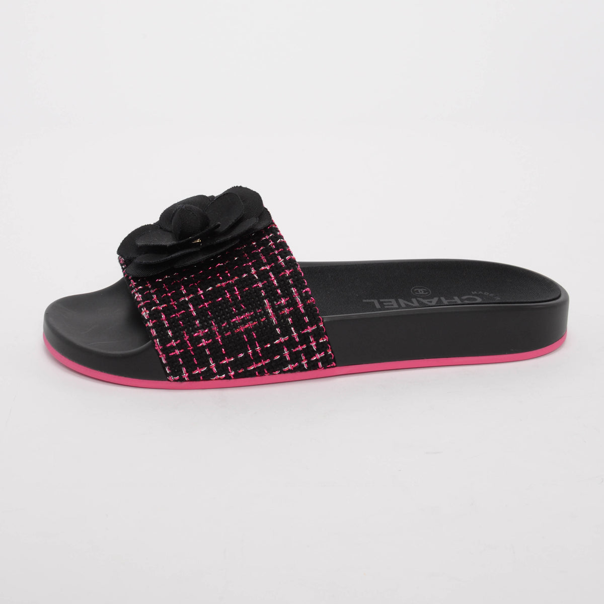 Chanel Black & Pink Tweed Camellia Slides 37