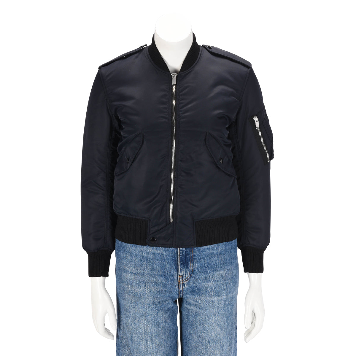 Saint Laurent Navy Nylon Bomber Jacket FR 34