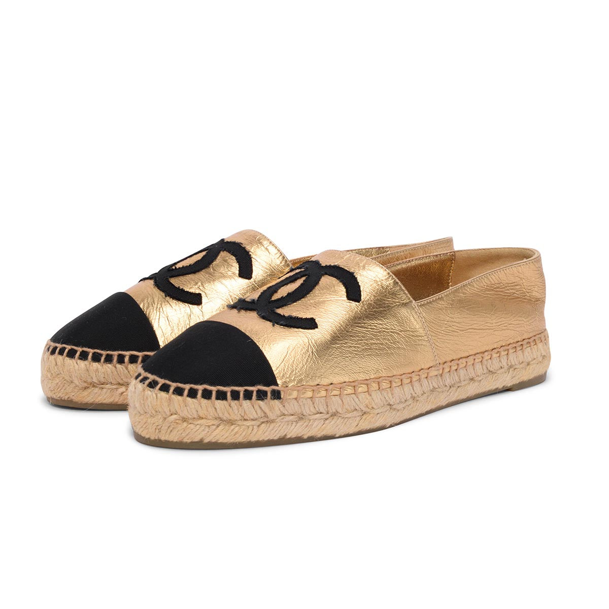 Chanel Espadrilles Au Chanel Gold Black Lambskin CC Espadrilles 38