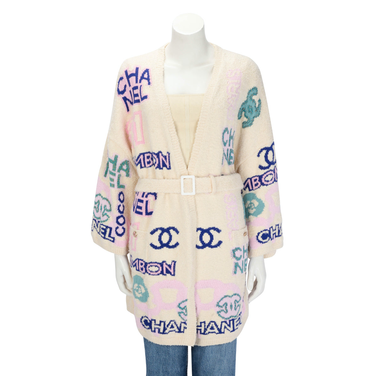 Chanel Multi Colour Cotton Logo Belted Cardigan FR 42