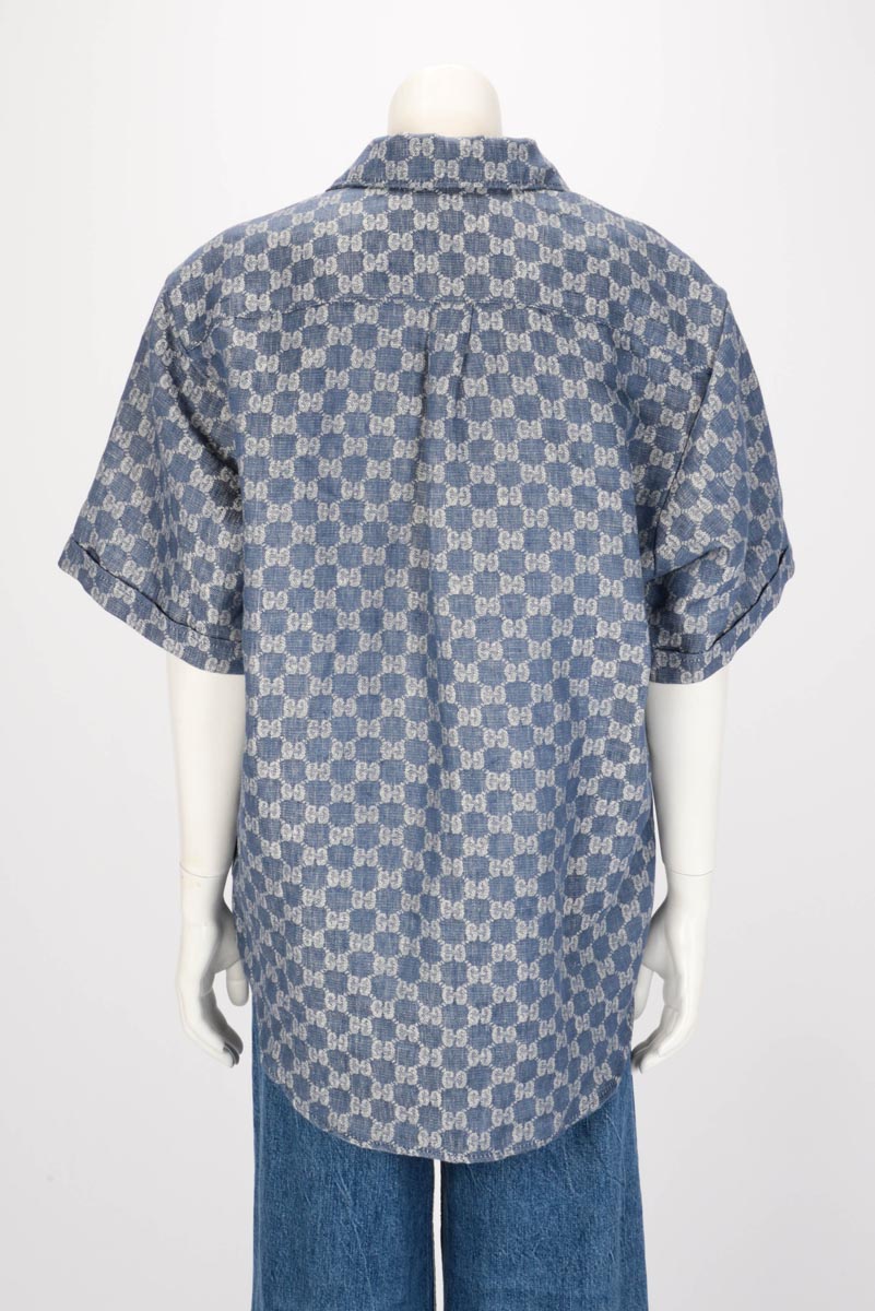 Gucci Blue Linen Jacquard GG Shirt IT 40