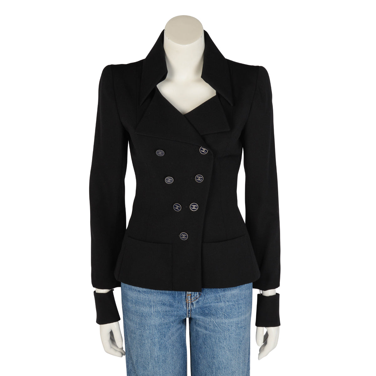 Chanel Black Wool Detached Cuff Jacket FR 38