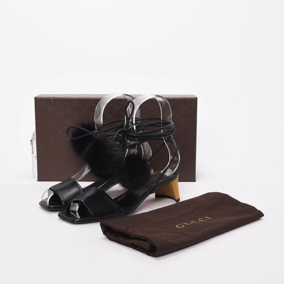 Gucci Black Fur Heloise Pom Pom Sandals 35.5