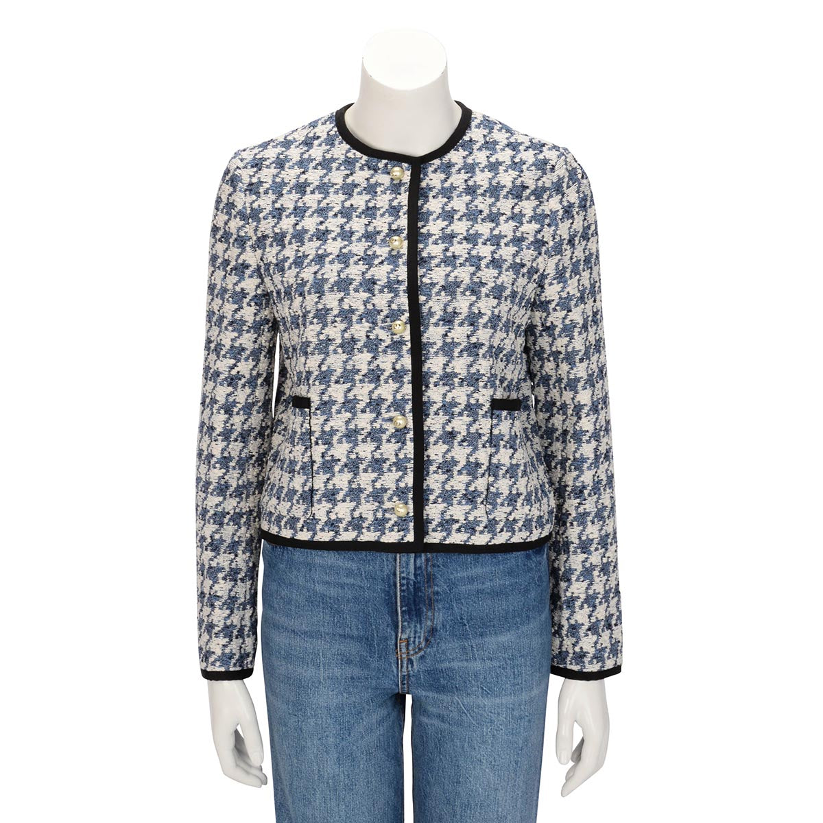 Dior Blue & White Houndstooth Tweed Cropped Jacket FR 38