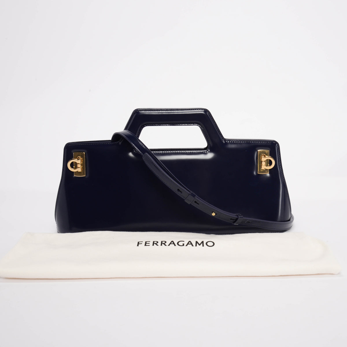 Ferragamo Navy Hi-Shine Wanda East West Bag