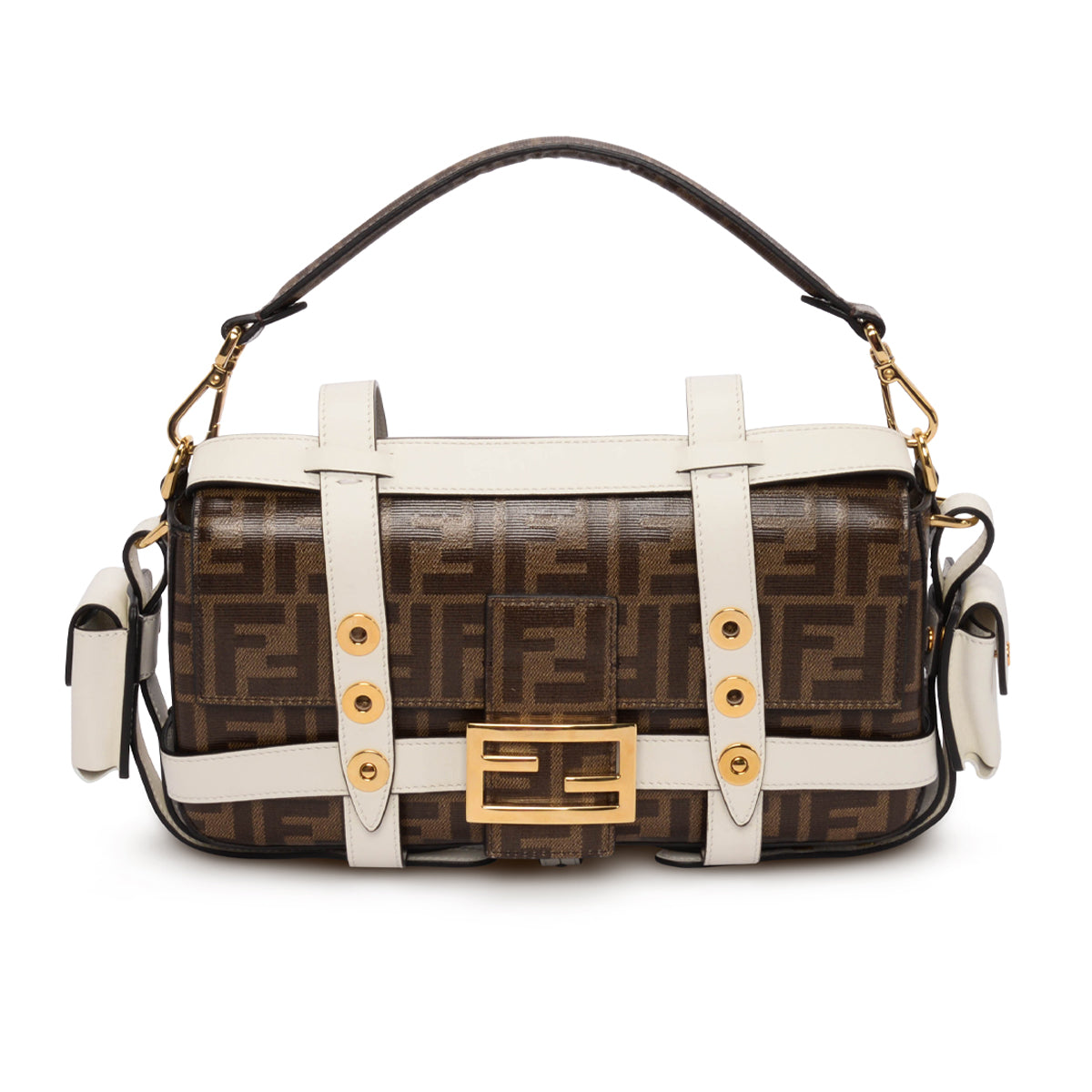 Fendi Tobacco & White Zucca Canvas Cage Baguette Bag