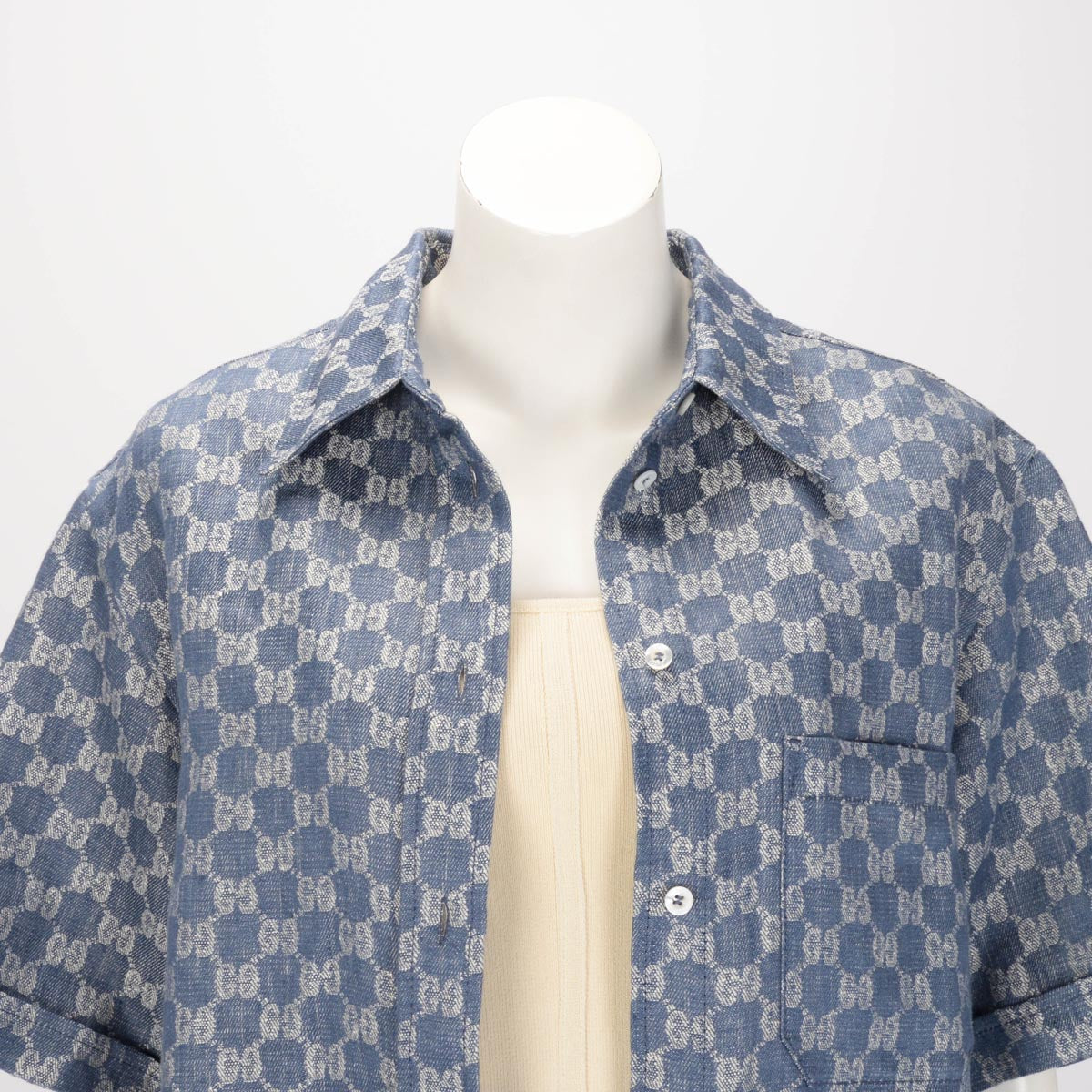 Gucci Blue Linen Jacquard GG Shirt IT 40