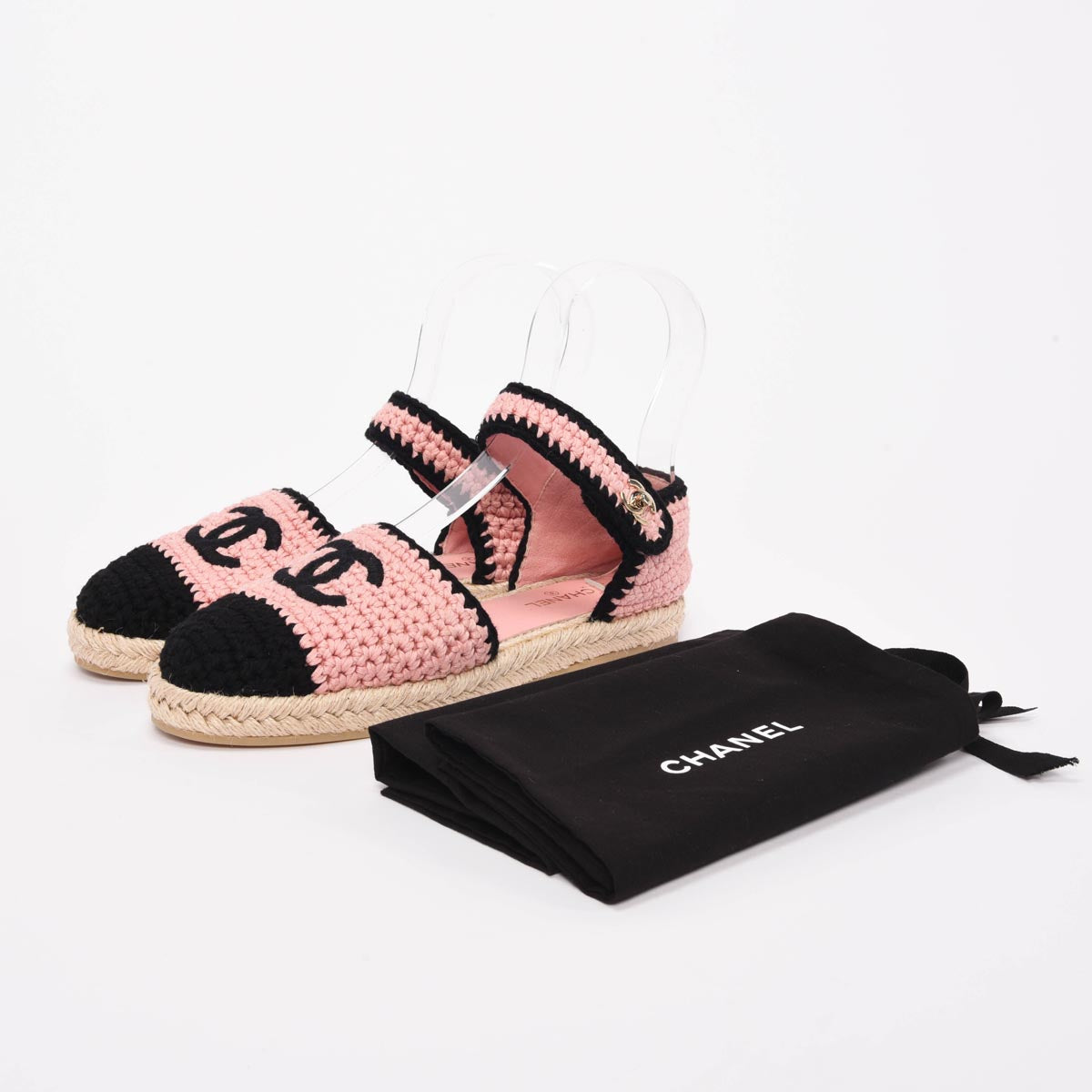 Chanel Pink & Black Crochet Knit CC Espadrilles 38.5