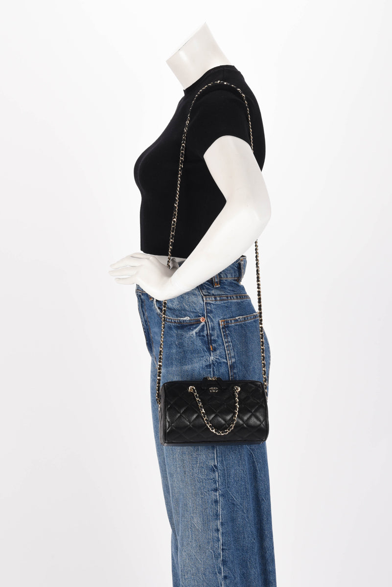 Chanel Black Quilted Caviar Mini Bowling Bag with Chain