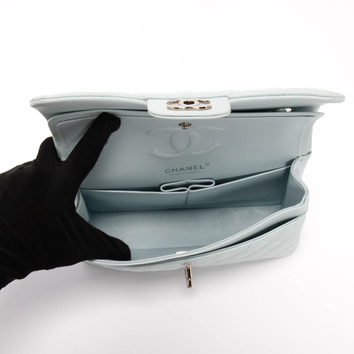 Chanel Light Blue Quilted Caviar Small Classic Flap Bag