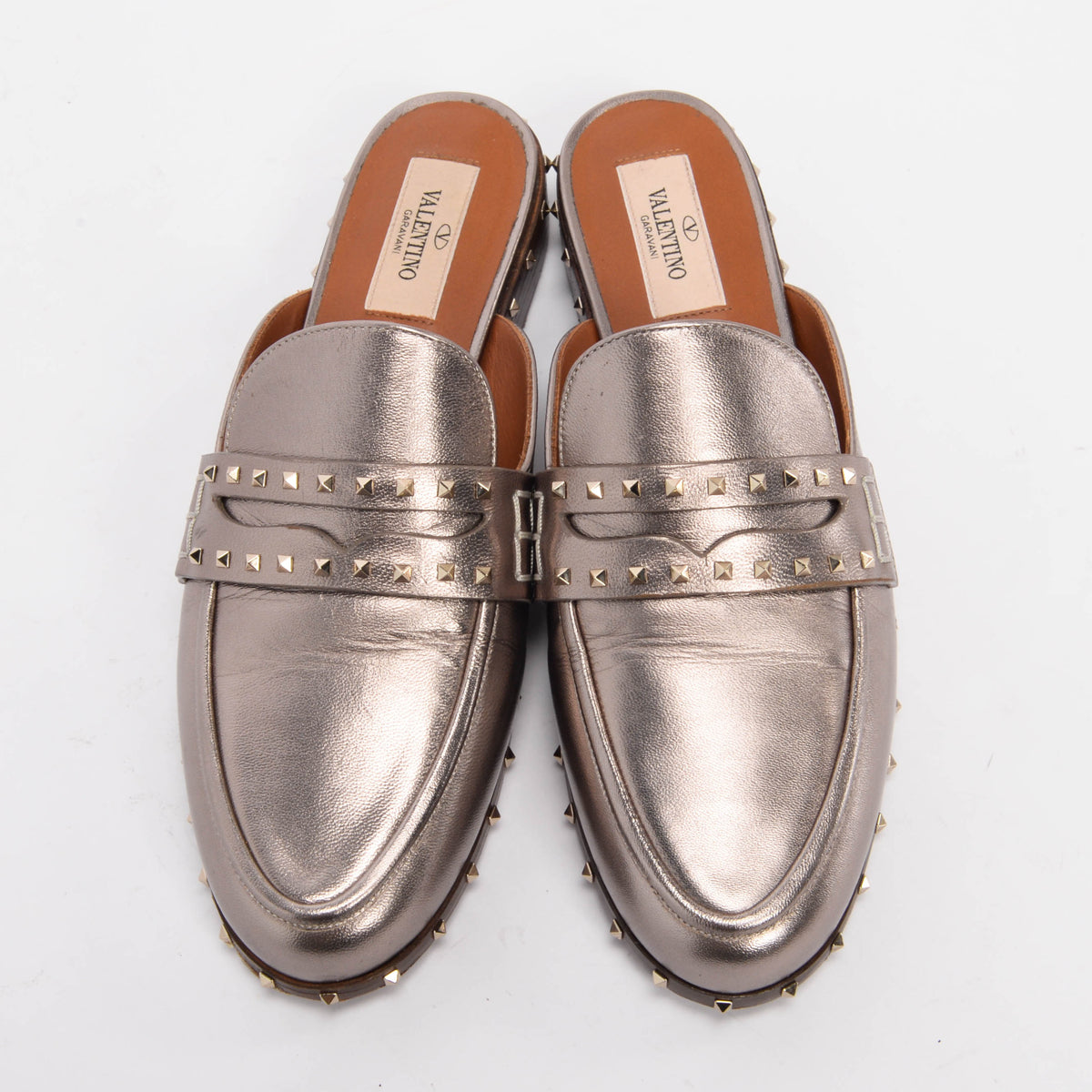 Valentino Bronze Leather Micro Rockstud Mules 37