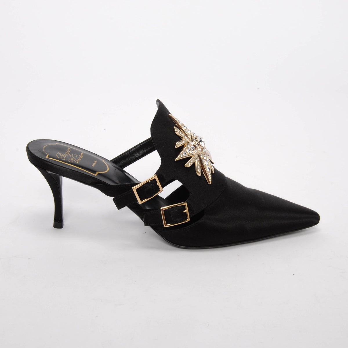 Roger Vivier Black Satin Crystal Star Mules 37.5