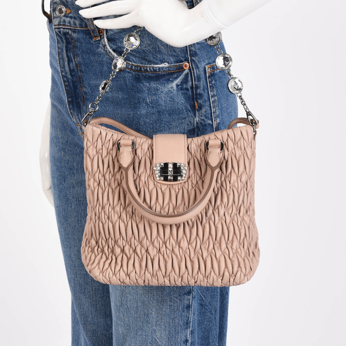 Miu Miu Beige Matelasse Mini Crystal Tote