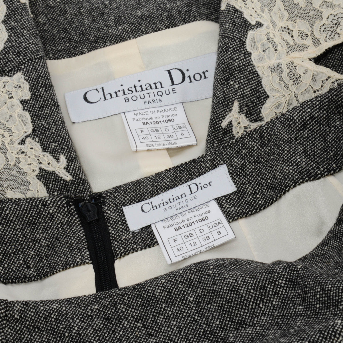 Dior Grey Wool Tweed Lace Trim Jacket & Skirt FR 40