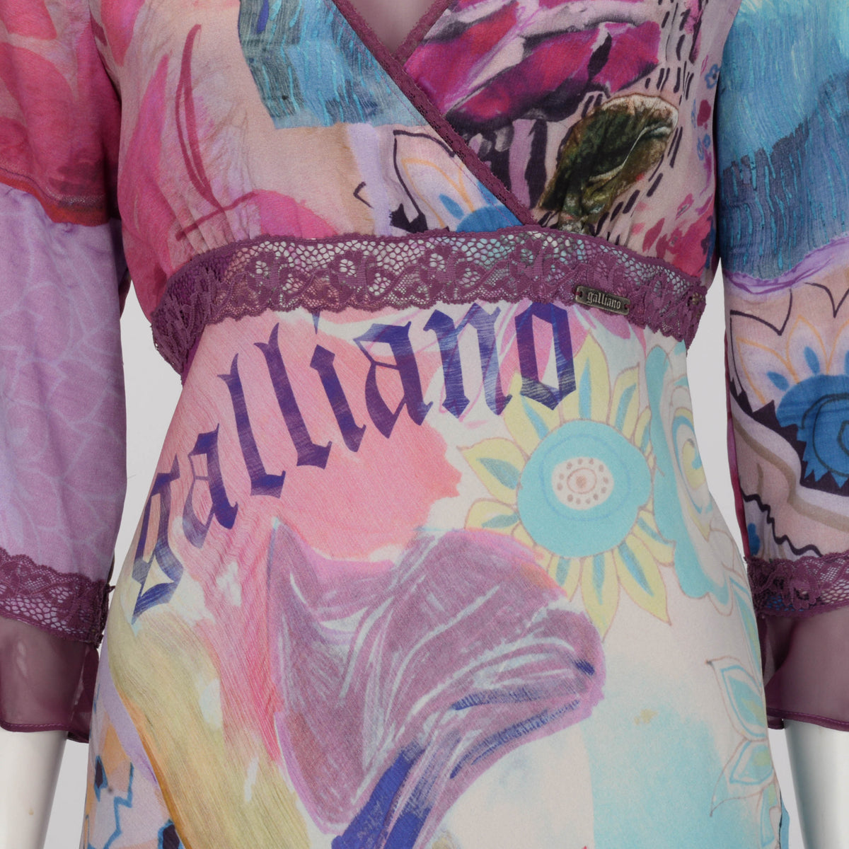 Galliano Purple Silk Logo V-Neck Dress IT 44