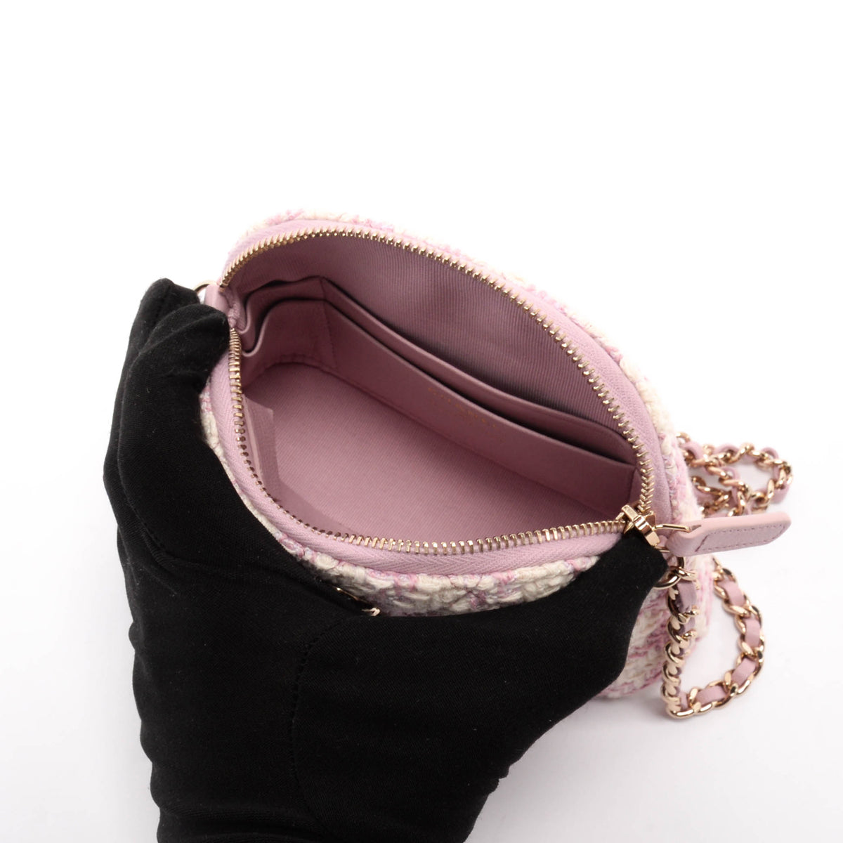 Chanel Pink & White Check Tweed Clutch With Chain