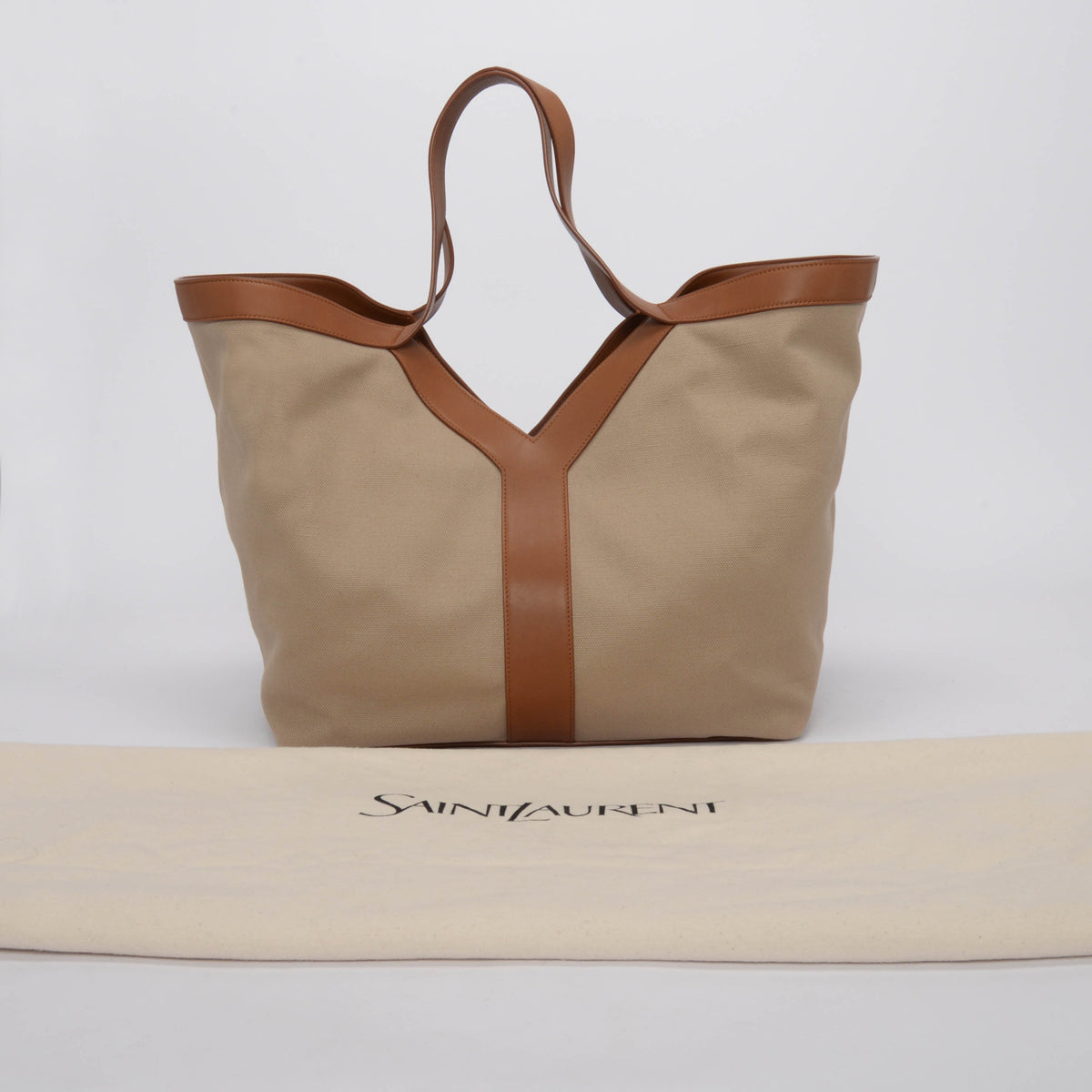 Saint Laurent Brown & Ecru Leather & Canvas Y Tote