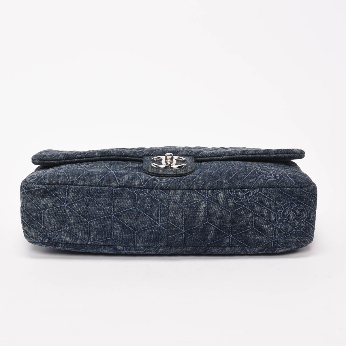 Chanel Dark Blue Denim Camellia Embroidered Large Flap Bag