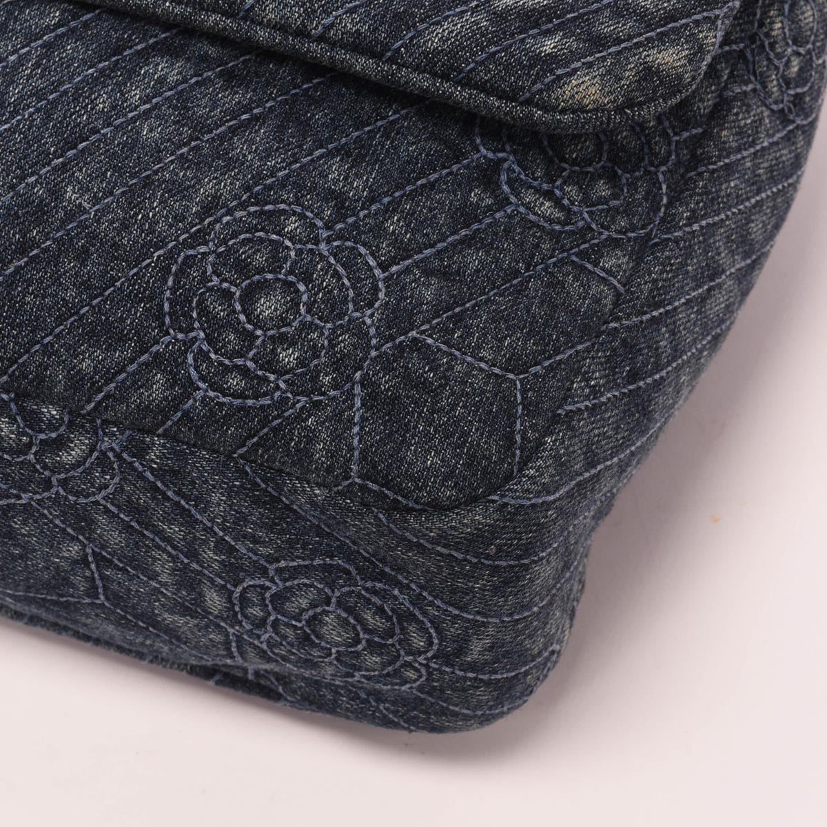 Chanel Dark Blue Denim Camellia Embroidered Large Flap Bag