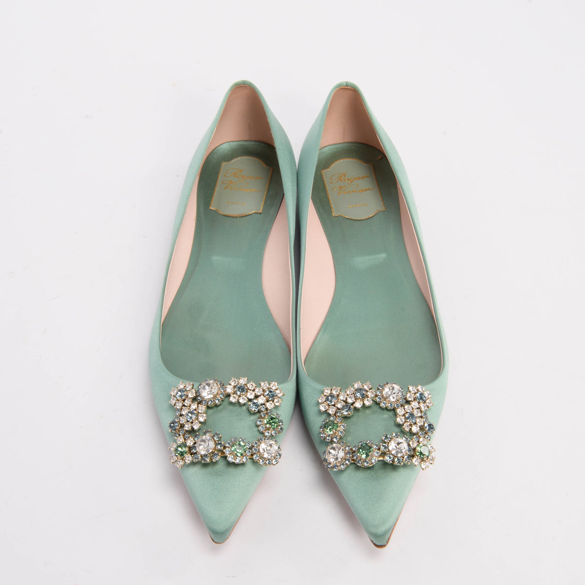 Roger Vivier Sage Green Satin Efflorescence Ballerina Flats 41.5