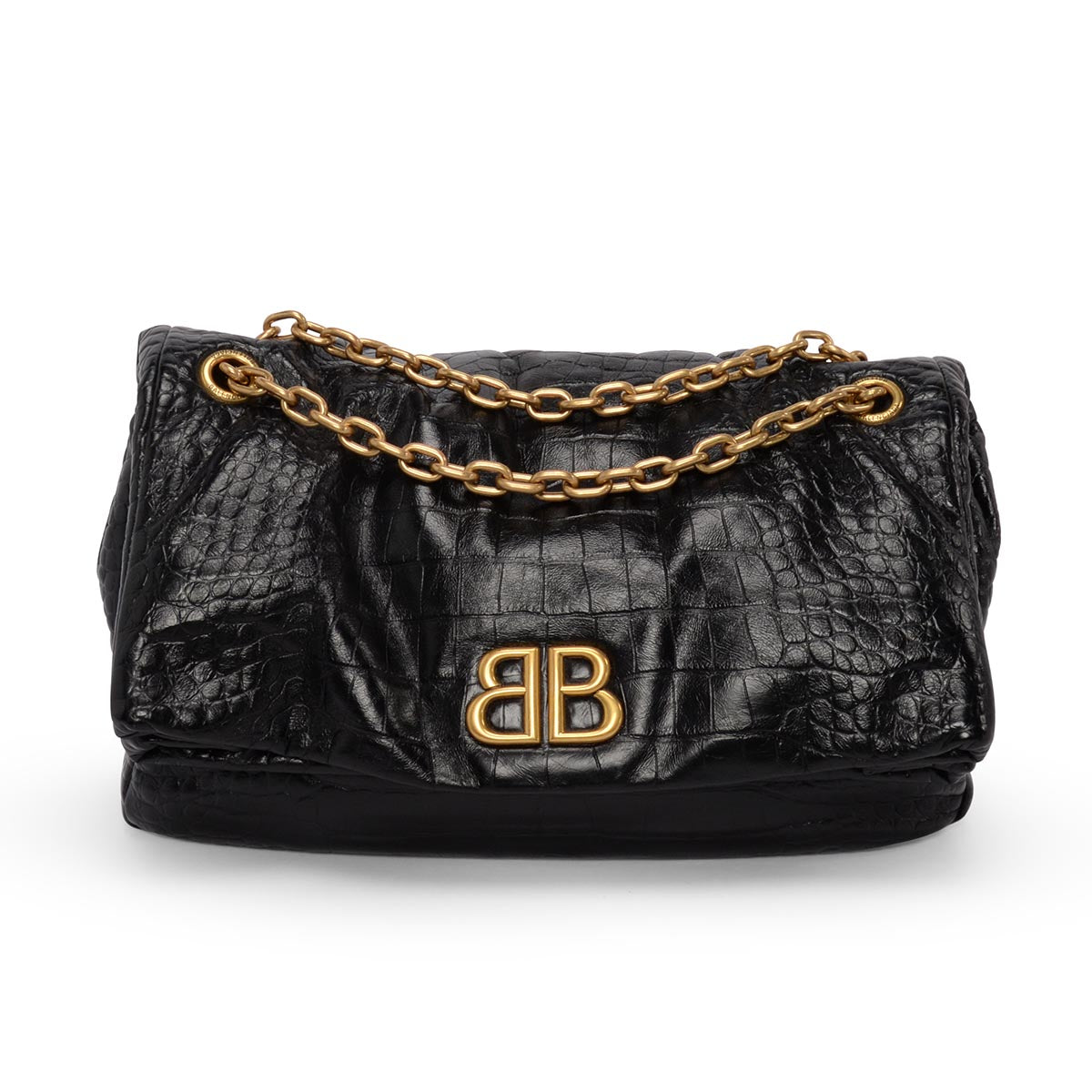 Balenciaga Black Croc Embossed Leather Medium Monaco Sling Bag