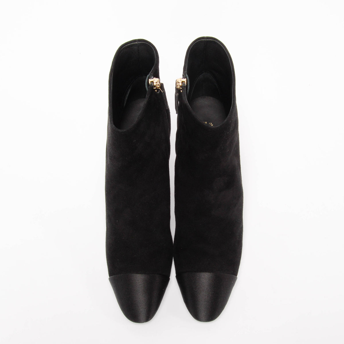 Chanel Black Suede & Satin Cap Toe Short Boots 38.5