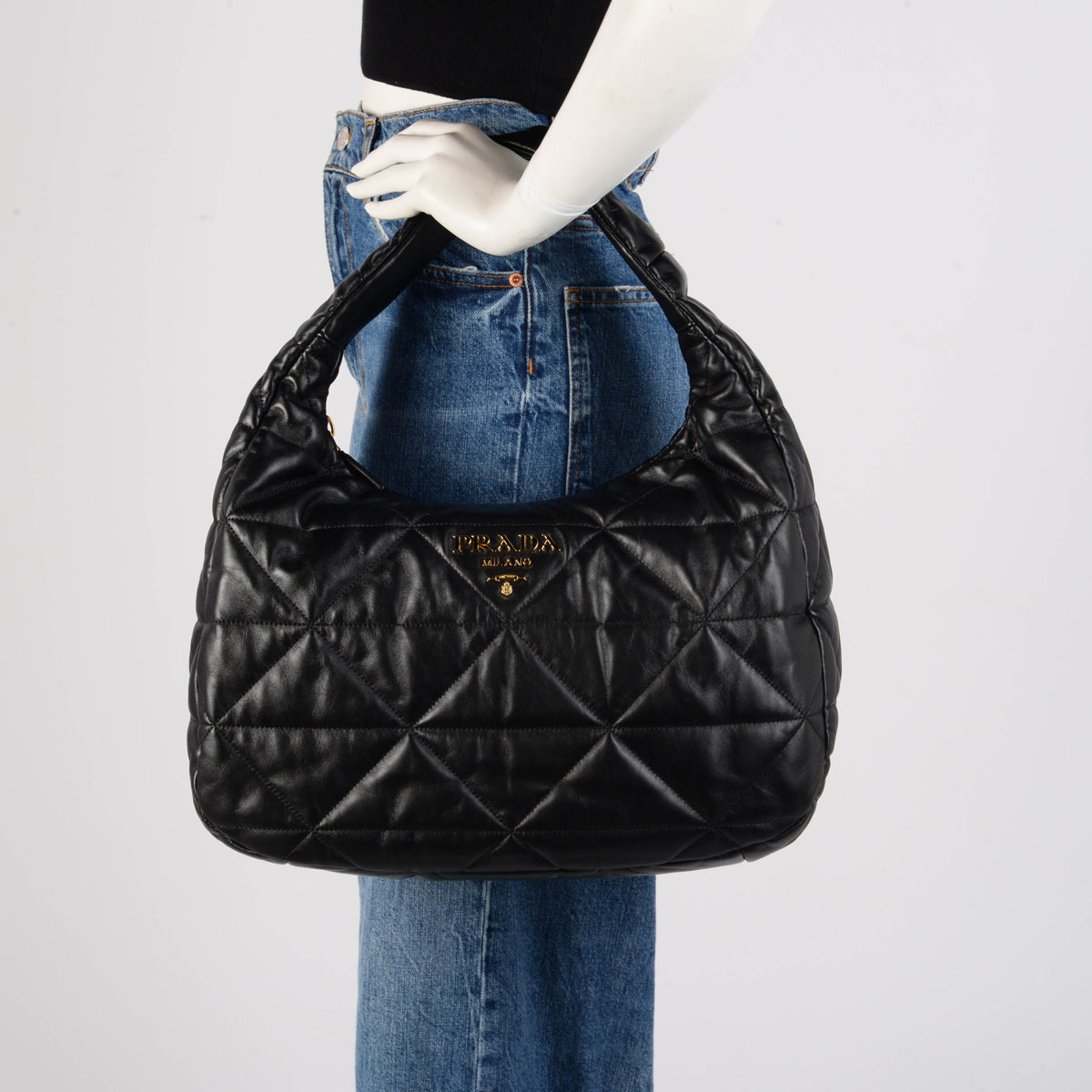 Prada Black Nappa Stitched Large Hobo Bag
