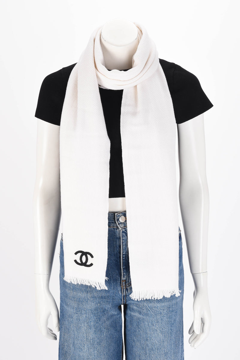 Chanel White & Black Cashmere CC Fringed Scarf