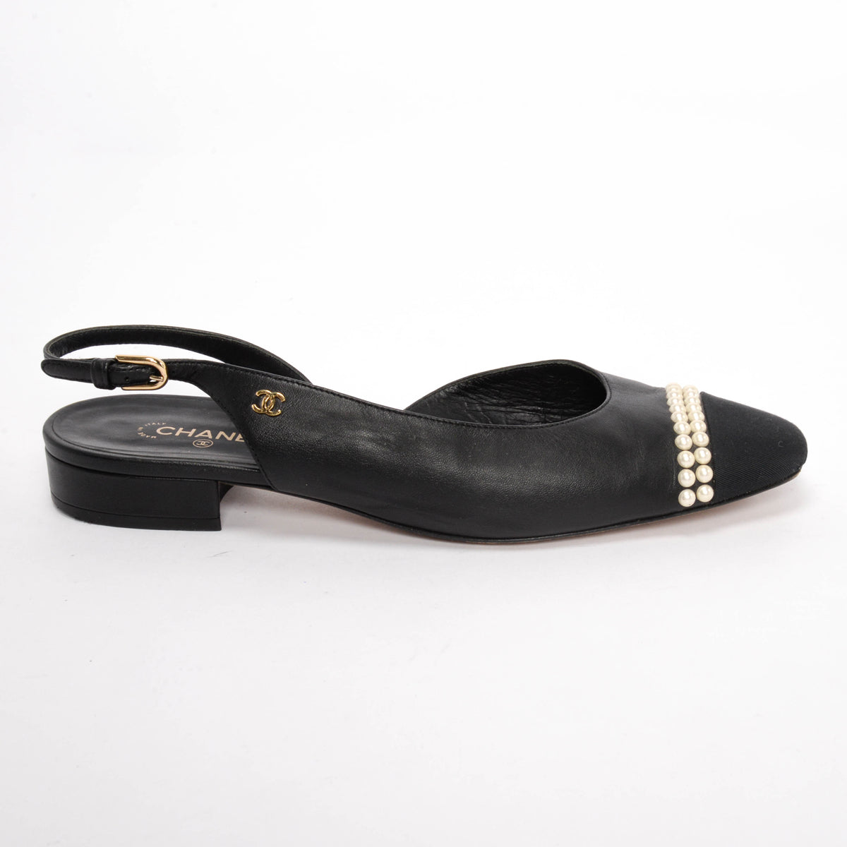 Chanel Black Lambskin Pearl Cap Toe CC Slingback Flats 40
