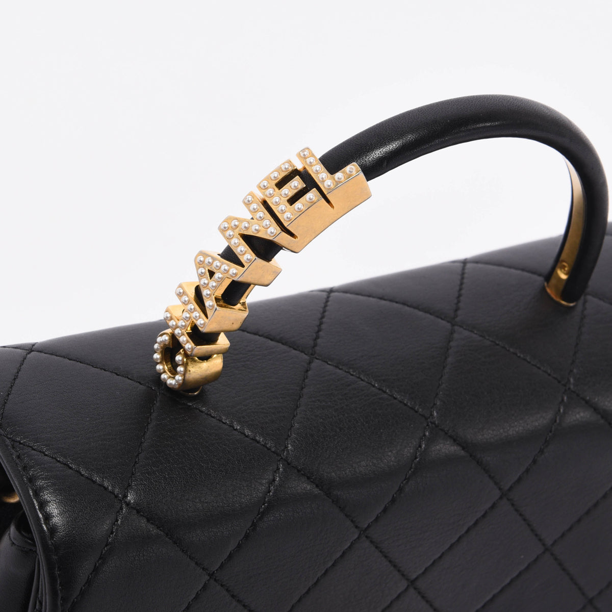 Chanel Black Calfskin Pearl Logo Top Handle Flap Bag