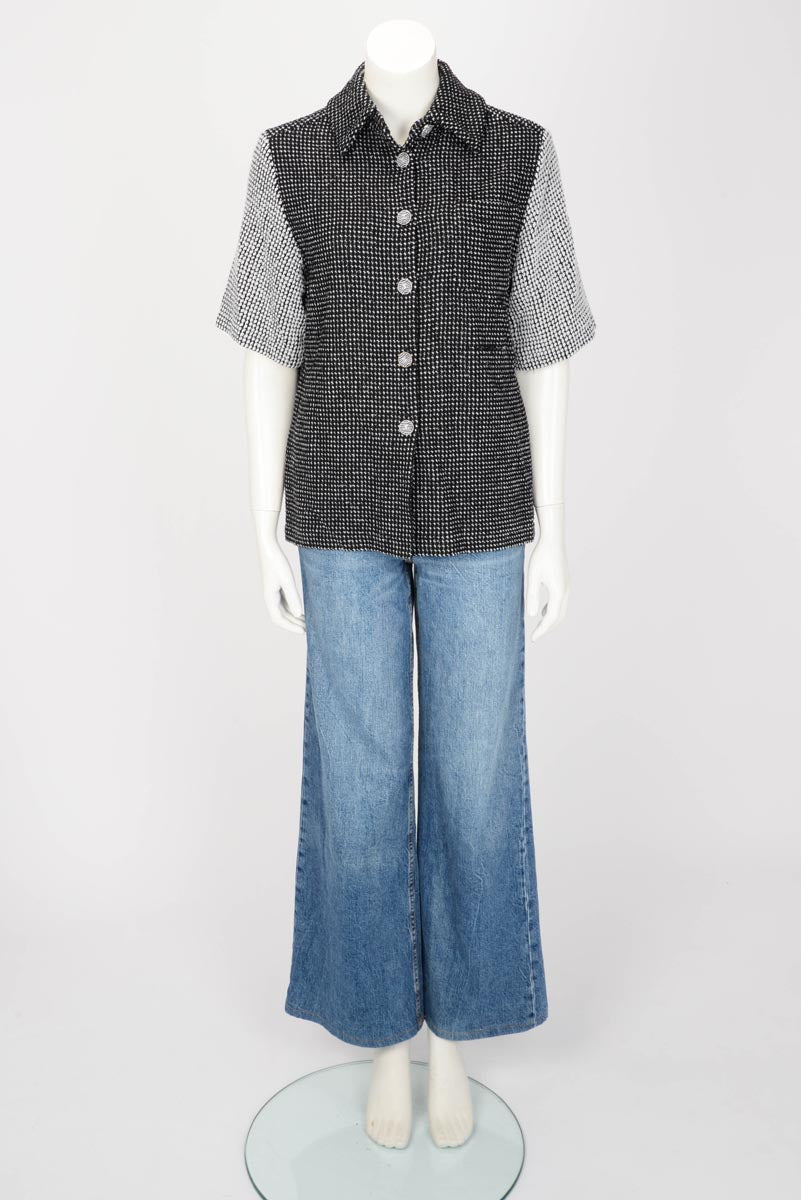 Chanel Black & White Tweed Short Sleeve Blouse FR 36