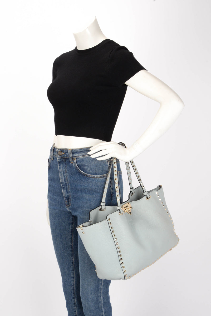 Valentino Pale Blue Grained Calfskin Medium Rockstud Trapeze Tote