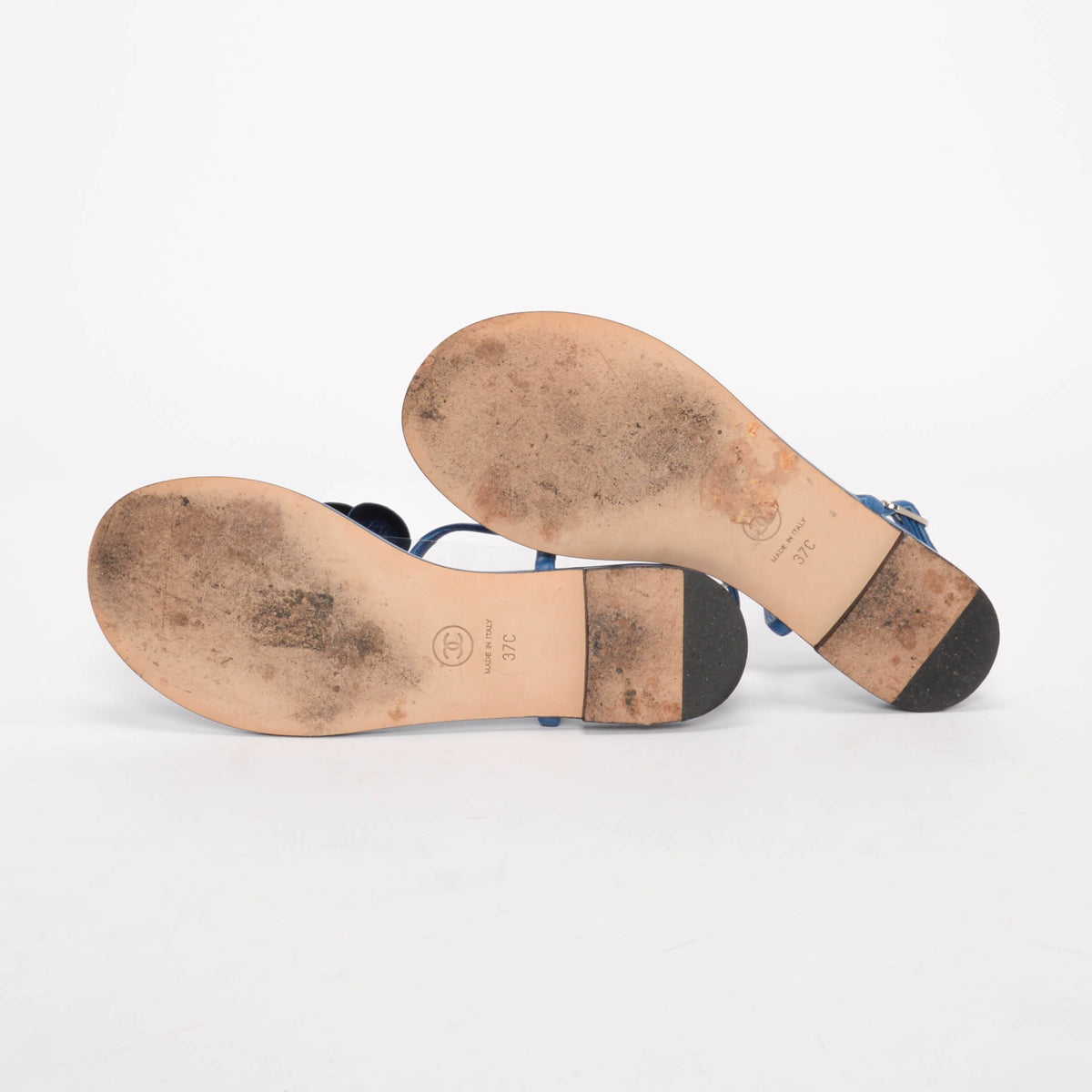 Chanel Blue Lambskin CC Camellia Thong Sandals 37