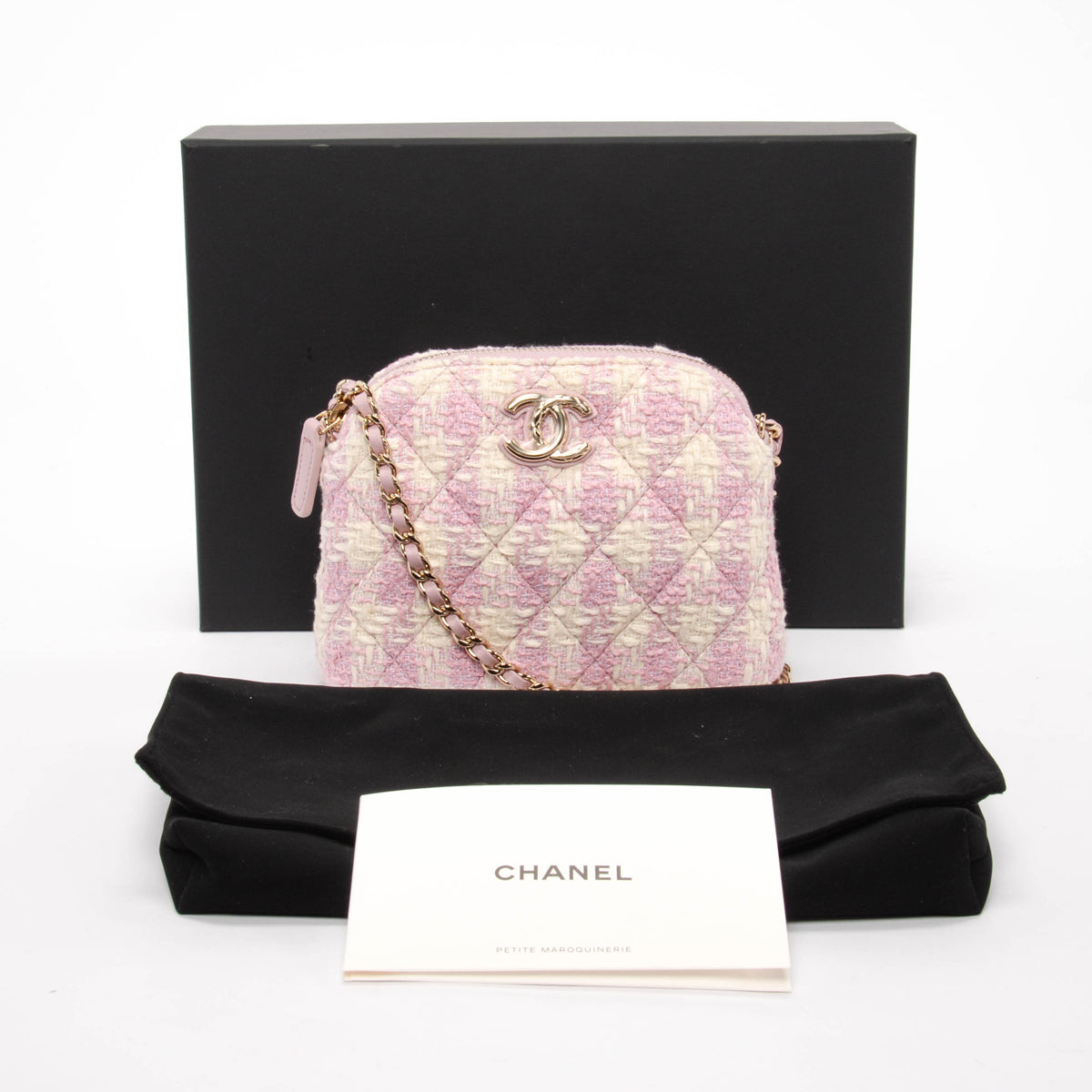 Chanel Pink & White Check Tweed Clutch With Chain