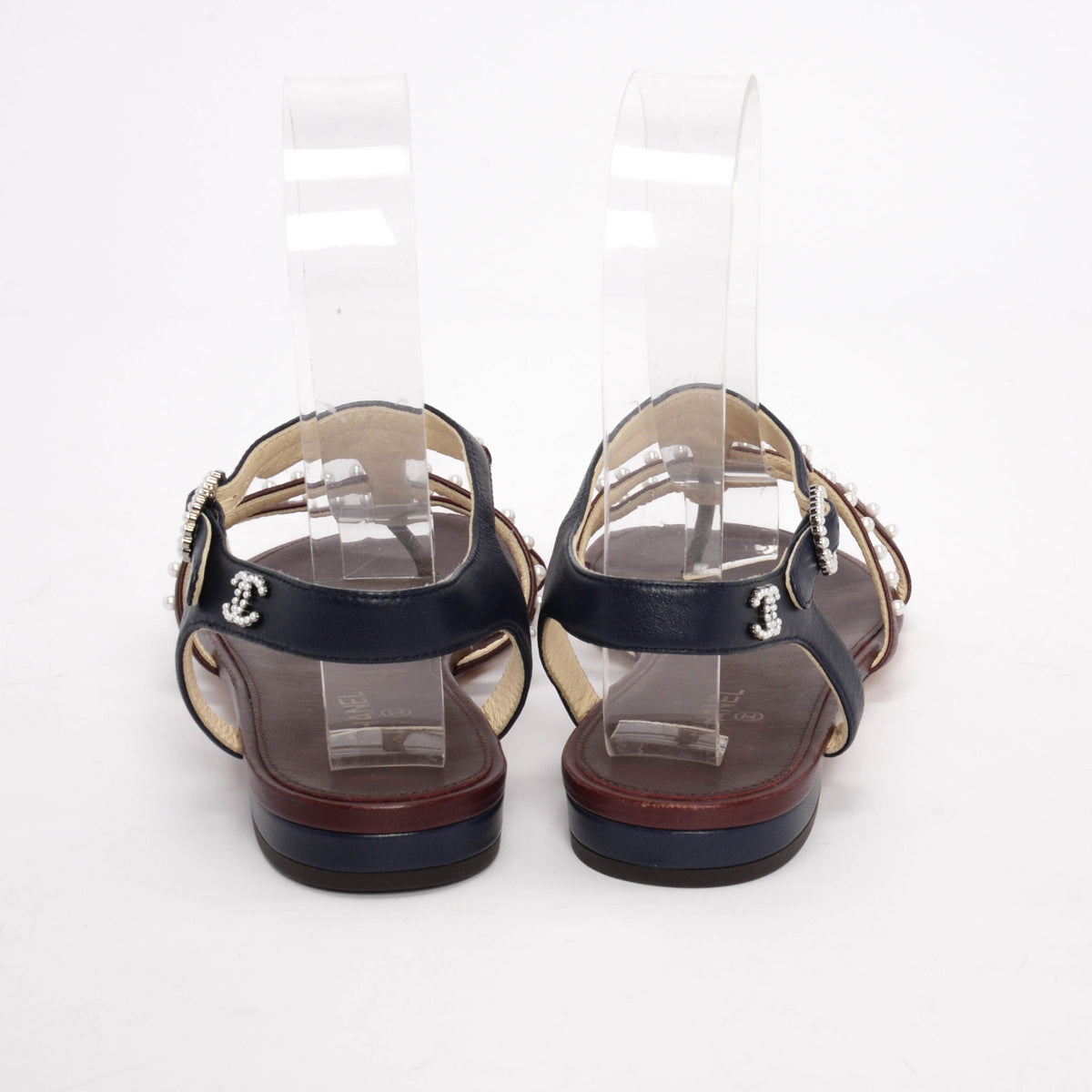 Chanel Burgundy & Navy Lambskin & Pearl Caged Sandals 37