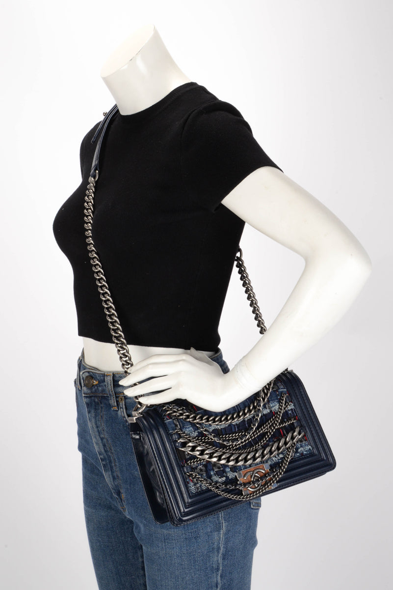 Chanel Navy Patchwork Enchained Old Medium Boy Bag